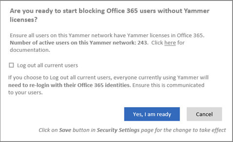 Screenshot of confirmation dialog box to start blocking users without a Yammer or Viva Engage core license.