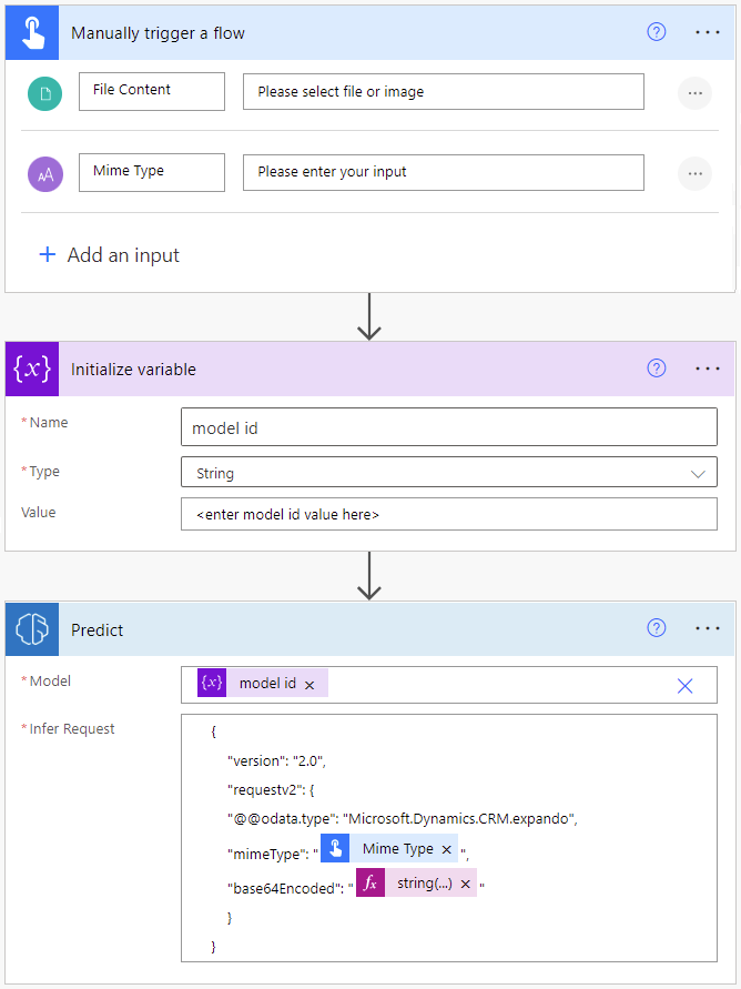 Screenshot of the Predict action with dynamic model ID.