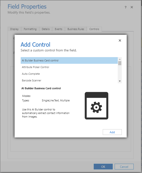 Form editor Add Control screen.