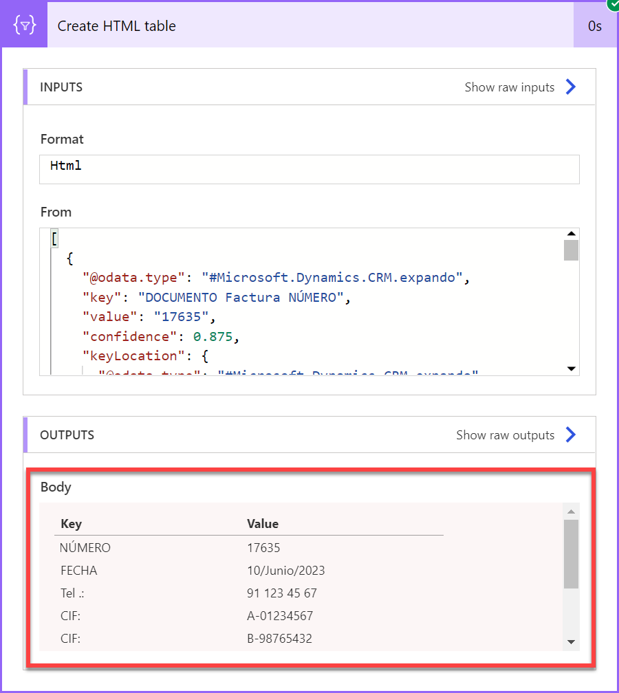 Screenshot of all key-value pairs on an invoice - results.