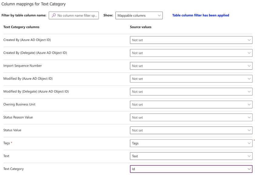 Screenshot showing Column mappings for text category.