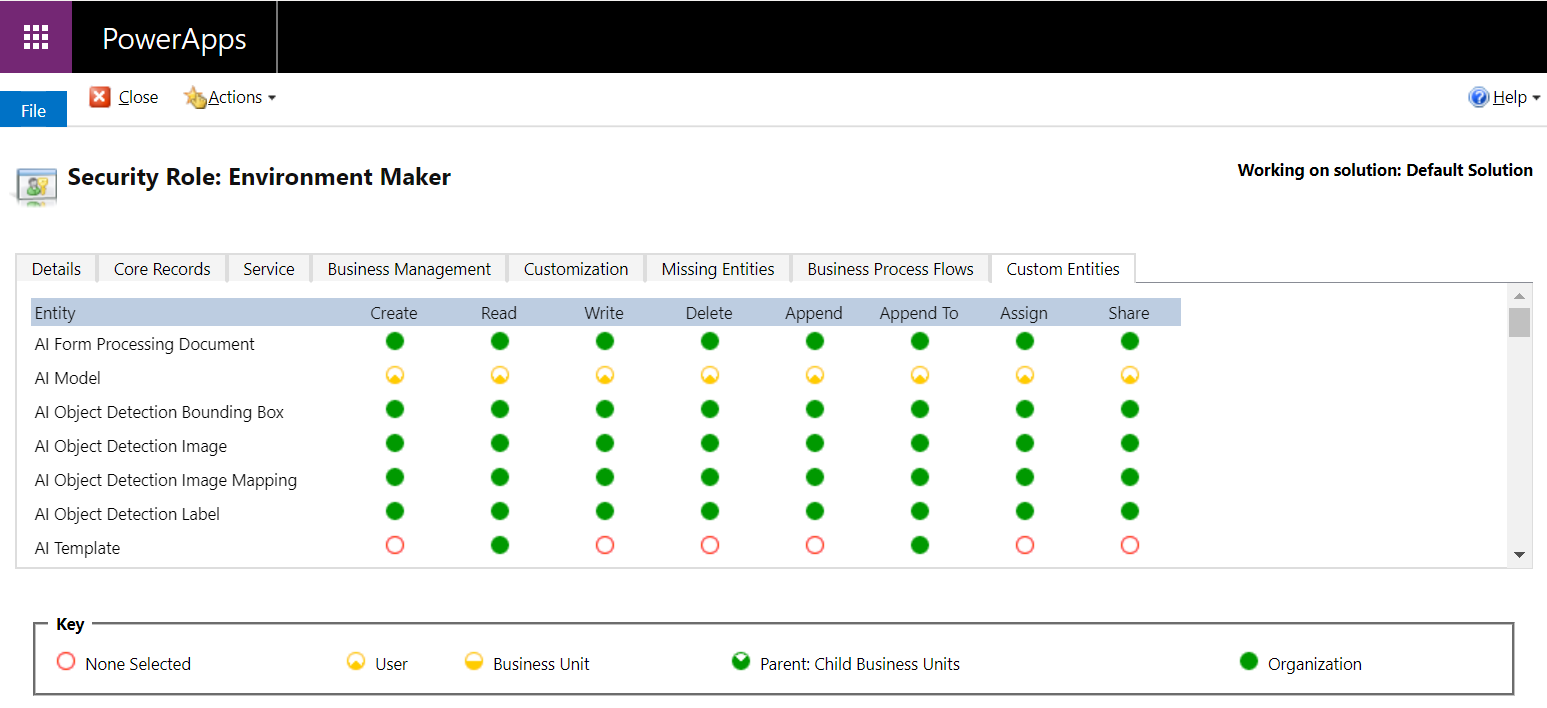 Security roles screen.