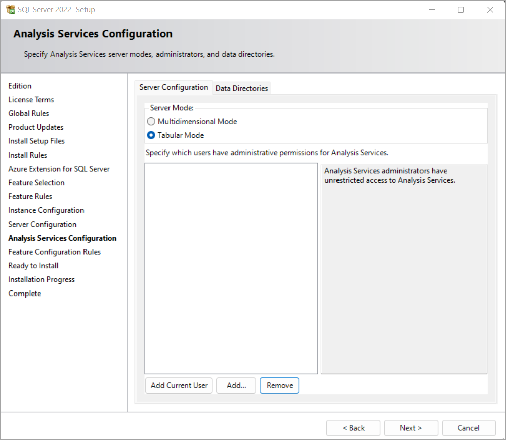 Setup page with Analysis Services config options