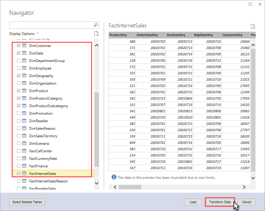 Screenshot of the NAvigator dialog box witht eh Display Options section and the Transform Data option called out.