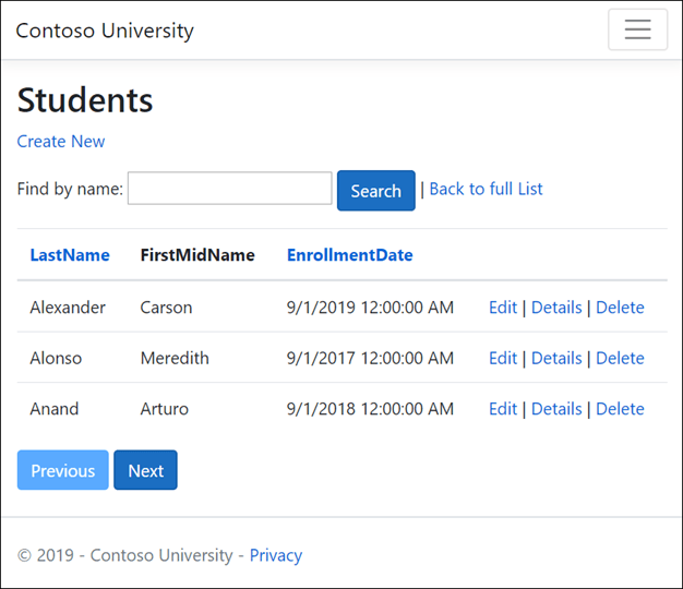 Students index page