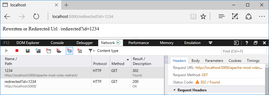 Browser window with developer tools tracking the requests and responses: Add Apache mod redirect