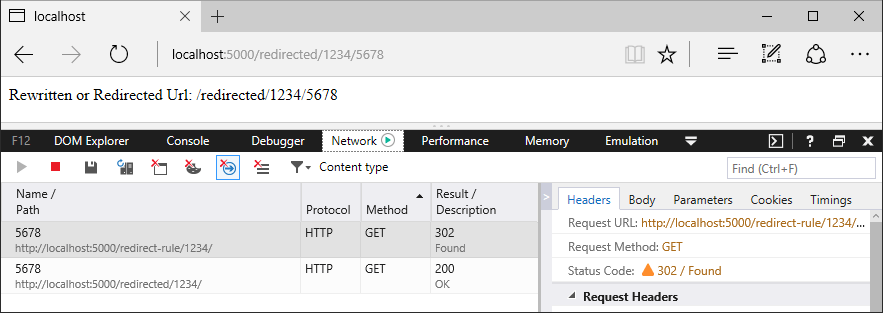 Browser window with developer tools tracking the requests and responses: Add redirect