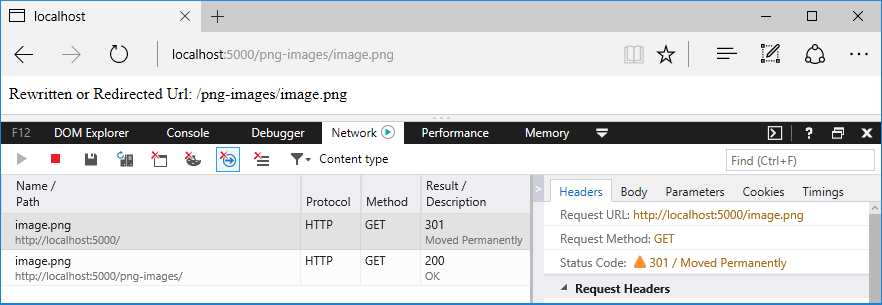 Browser window with developer tools tracking the requests and responses for image.png