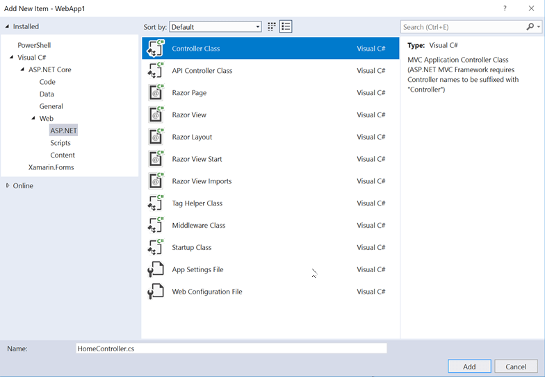 Add New Item dialog with MVC Controller Class selected