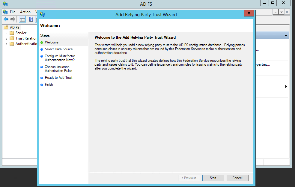 Add Relying Party Trust Wizard: Welcome