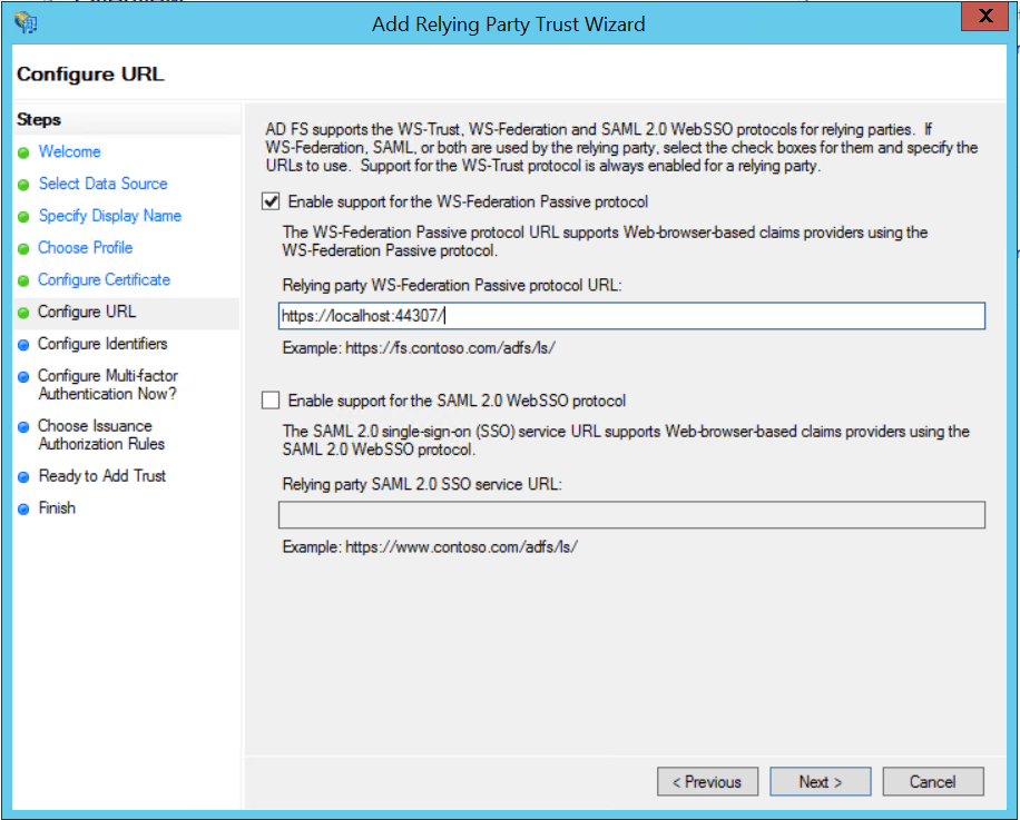 Add Relying Party Trust Wizard: Configure URL