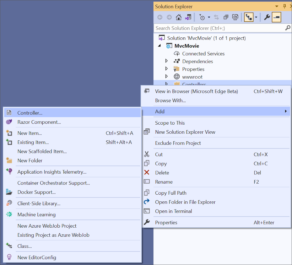 Solution Explorer, right click Controllers > Add > Controller