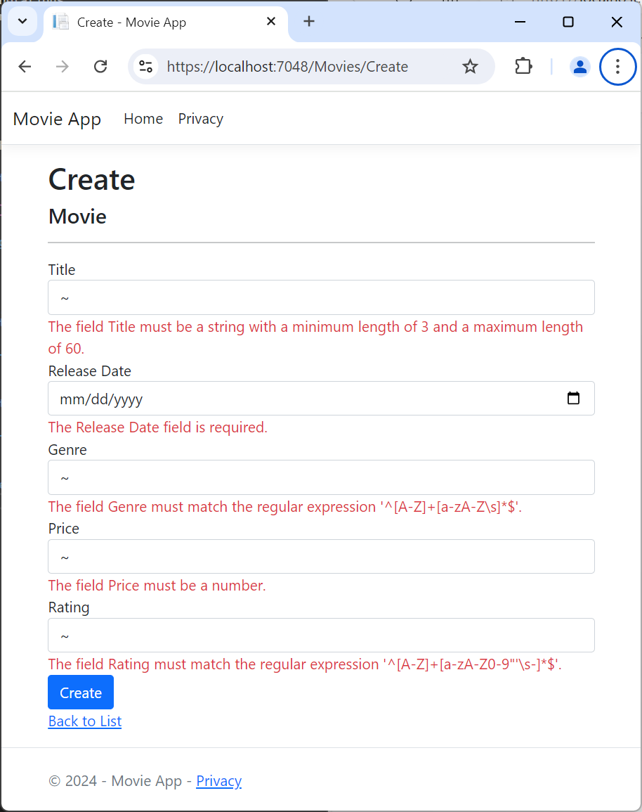 Movie view form with multiple jQuery client side validation errors