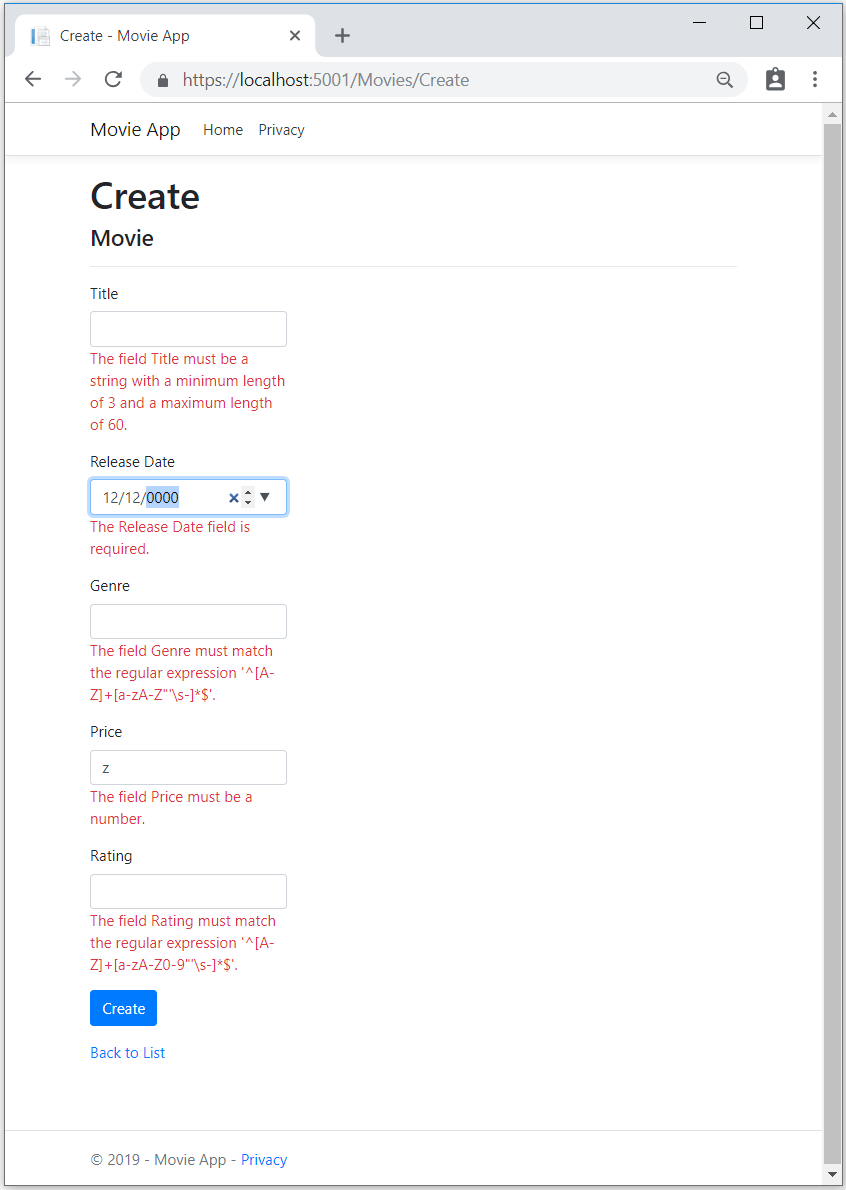 Movie view form with multiple jQuery client side validation errors