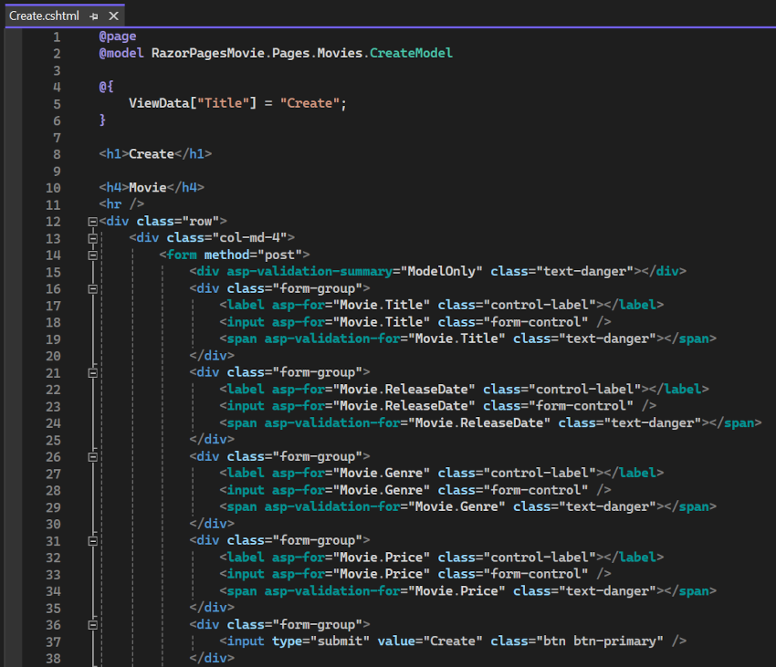 VS view of Create.cshtml page