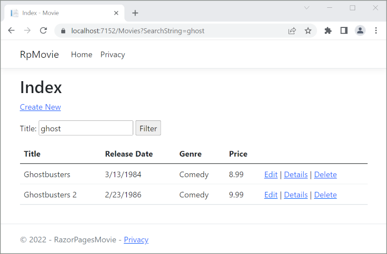 Index view with the word ghost typed into the Title filter textbox