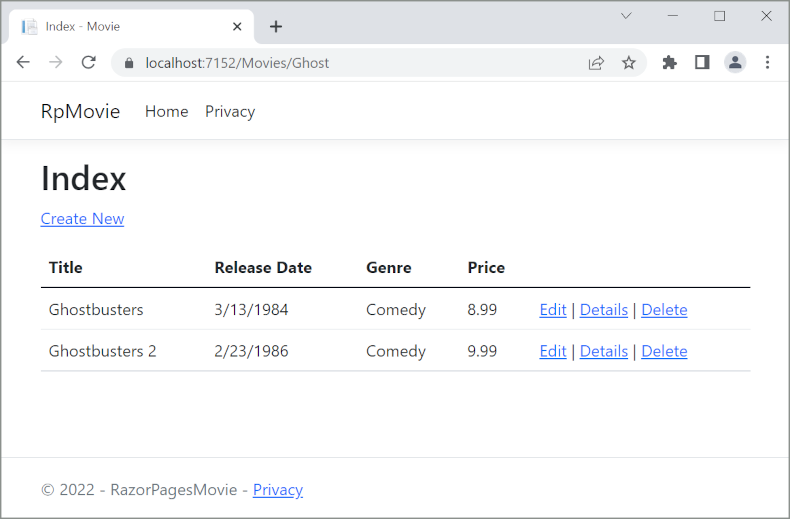 Index view with the word ghost added to the Url and a returned movie list of two movies, Ghostbusters and Ghostbusters 2