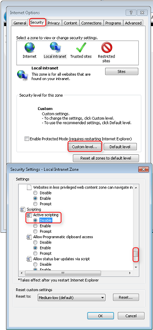 Screenshot that shows the Internet Options window open and on the security tab. The Custom level window is open and Active scripting is disabled.