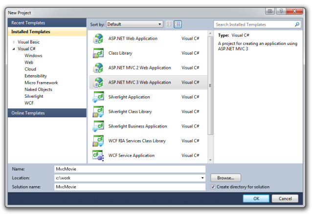 Screenshot of the New Project to create your first application using either Visual Basic or Visual C Sharp as the programming language.