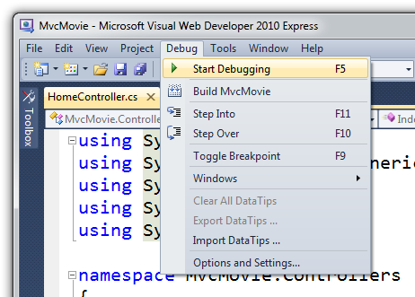 Screenshot of the Debug menu to select Start Debugging.