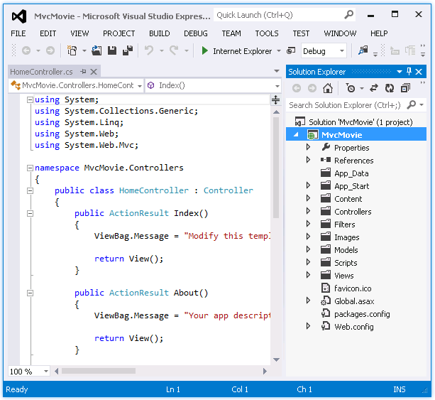 Screenshot that shows the A S P dot NET M V C Project Home Controller c s and Solution Explorer tabs opened.