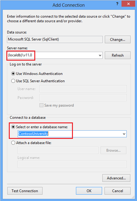 Screenshot that shows the Add Connection dialog box. The sample Server name and Contoso University database are highlighted.