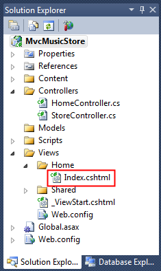 Screenshot of the Solution Explorer drop-down menu, showing the different files in the M V C Music Store.