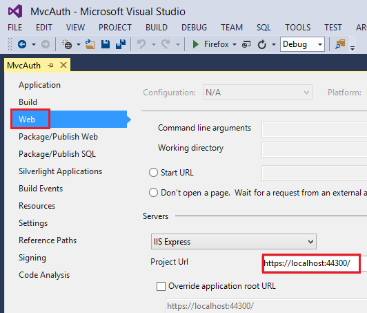 Screenshot that shows the M v c Auth project's properties page. The Web tab on the left  menu and the S S L U R L pasted in the Project U R L box are highlighted.