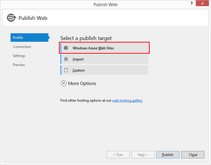 Select Azure Web Sites