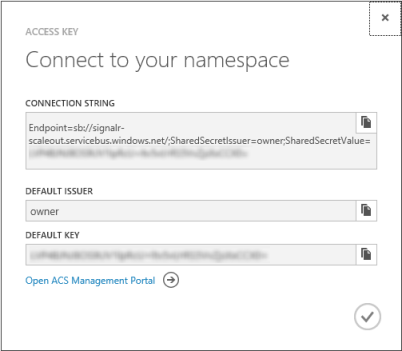 Screenshot of the Access Key Connect to your namespace screen, showing the Connection String, Default Issuer, and Default Key fields.