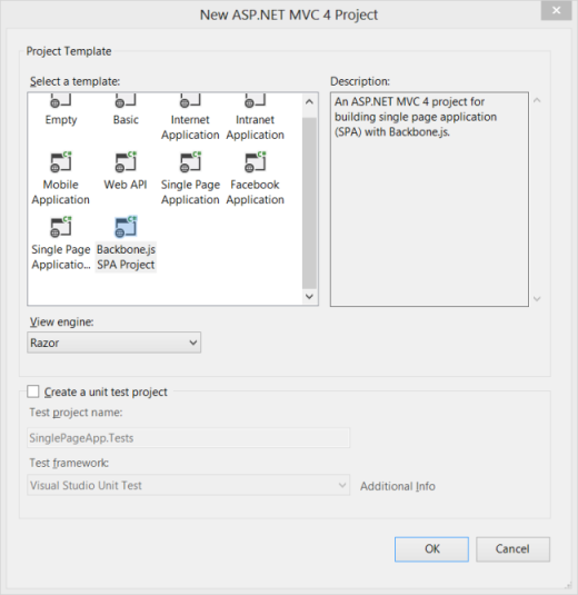 Screenshot that shows the New A S P dot NET M V C 4 Project dialog box. The Backbone dot j s S P A Project template is selected.