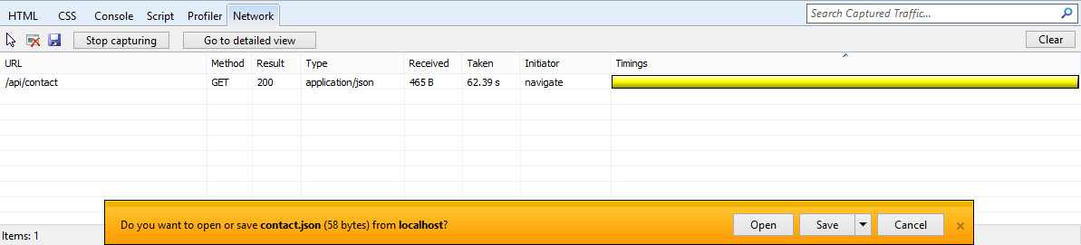 Network view in Internet Explorer showing results of the Web API call