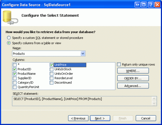 Return Data from the Products Table