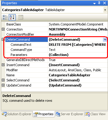 Select the CategoriesTableAdapter in the Designer to View Its Properties in the Properties Window