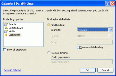 Bind the SelectedDate and VisibleDate Properties to the HiredDate Data Field