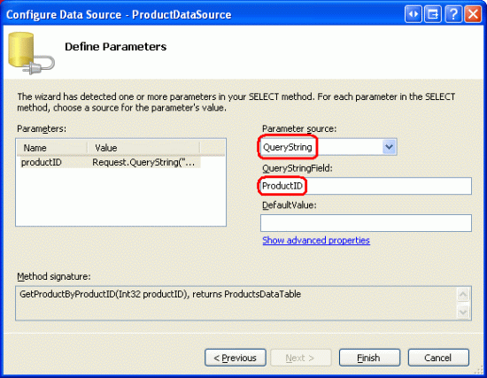 Configure the productID Parameter to Pull its Value from the ProductID Querystring Field