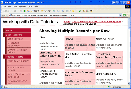 The DataList Shows Three Products per Row