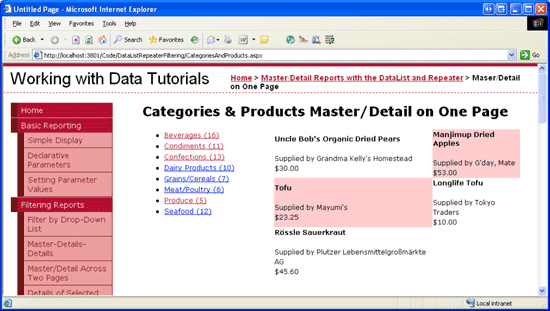 Clicking the Produce Category Lists the Matching Products to the Right