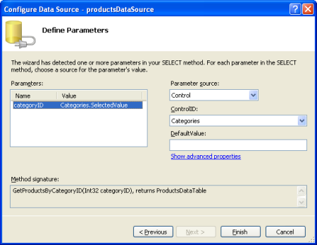 Set the categoryID Parameter to the Value of the Categories DropDownList