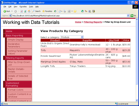 Selecting a New Product (Produce) Automatically Causes a PostBack, Updating the GridView