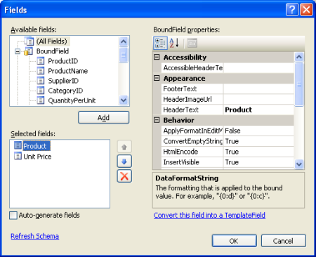 Remove All But the ProductName and UnitPrice BoundFields