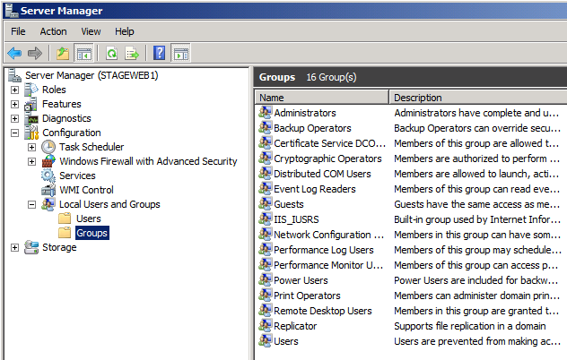 In the Server Manager window, in the tree view pane, expand Configuration, expand Local Users and Groups, and then click Groups.