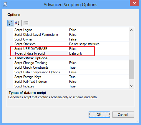 SSMS Script Data Only, no USE statement