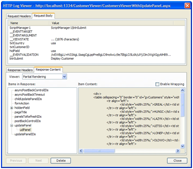 An UpdatePanel response message viewed using the HTTP Log Viewer.