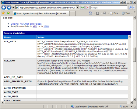 Screenshot that shows how to explore the values of the server variables collection at the time of the error.