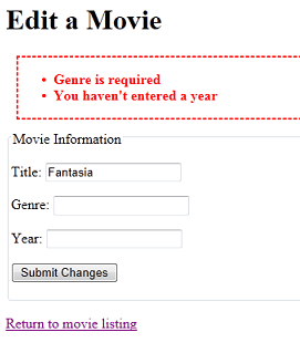Edit Movie page showing validation errors