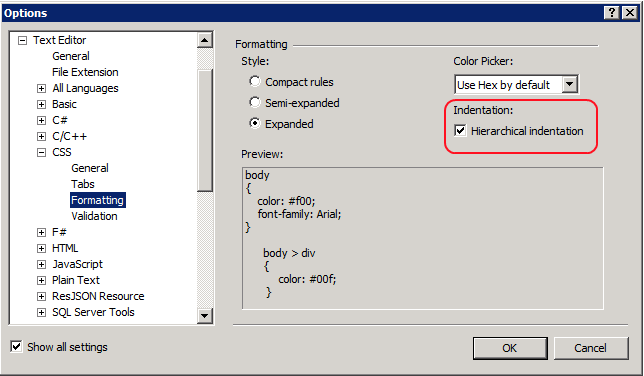 Screenshot that shows Options dialog. Hierarchical indentation is checked.