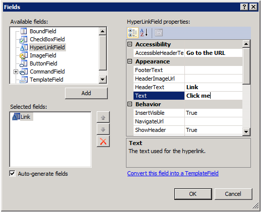 Screenshot that shows a Fields dialog.