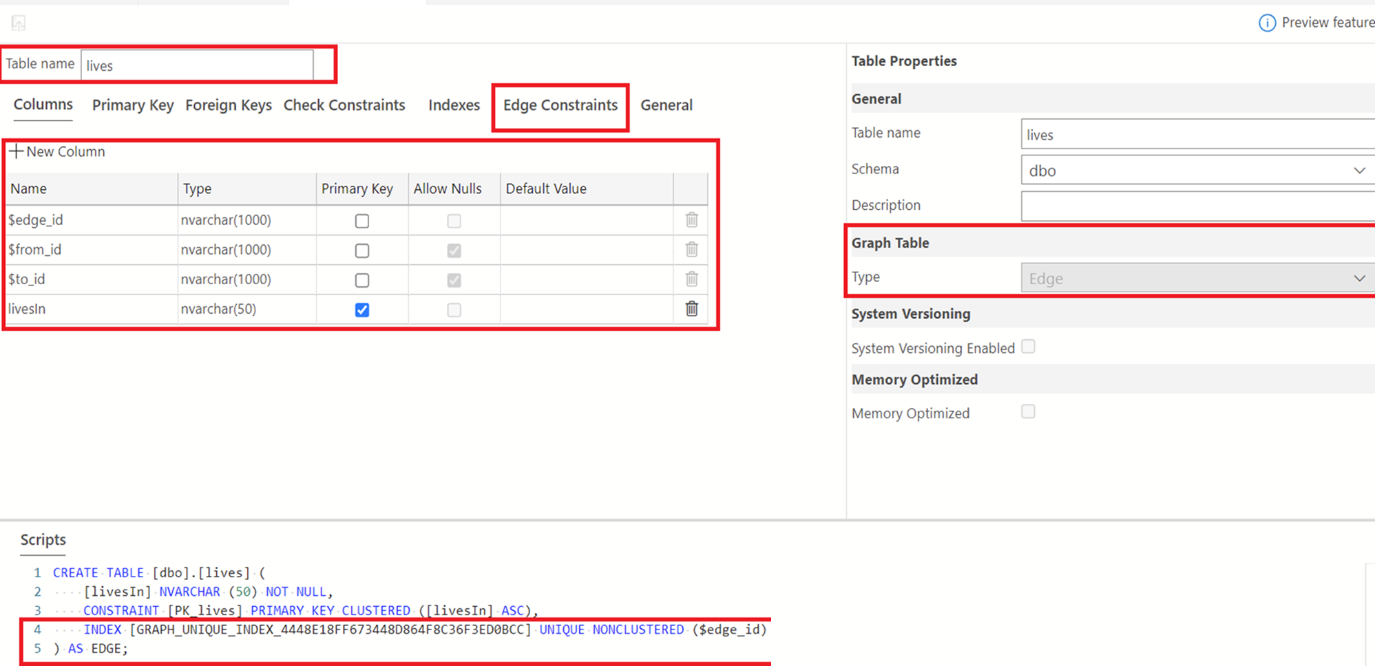 Screenshot of Table Designer showing how to create an edge table.