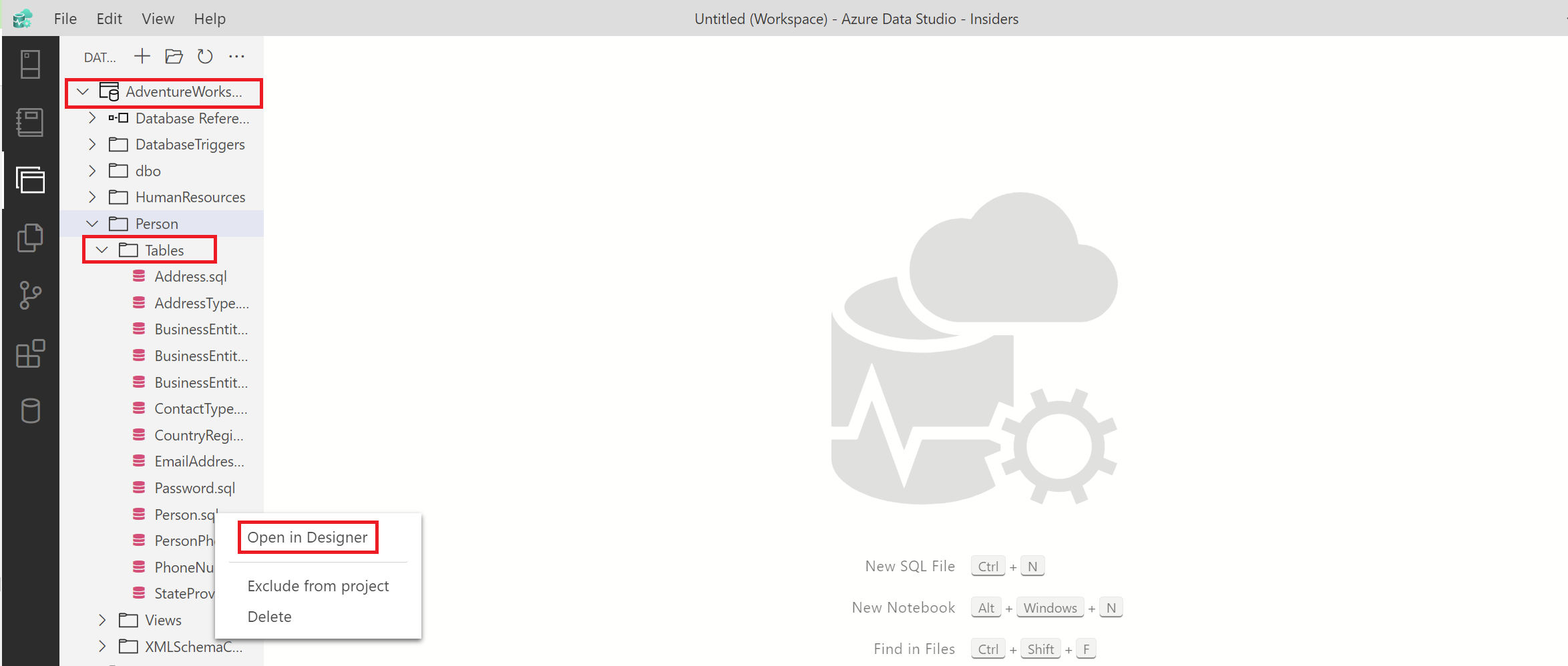 Screenshot of Azure Data Studio showing how to open a table in offline mode using the SQL database projects extension.